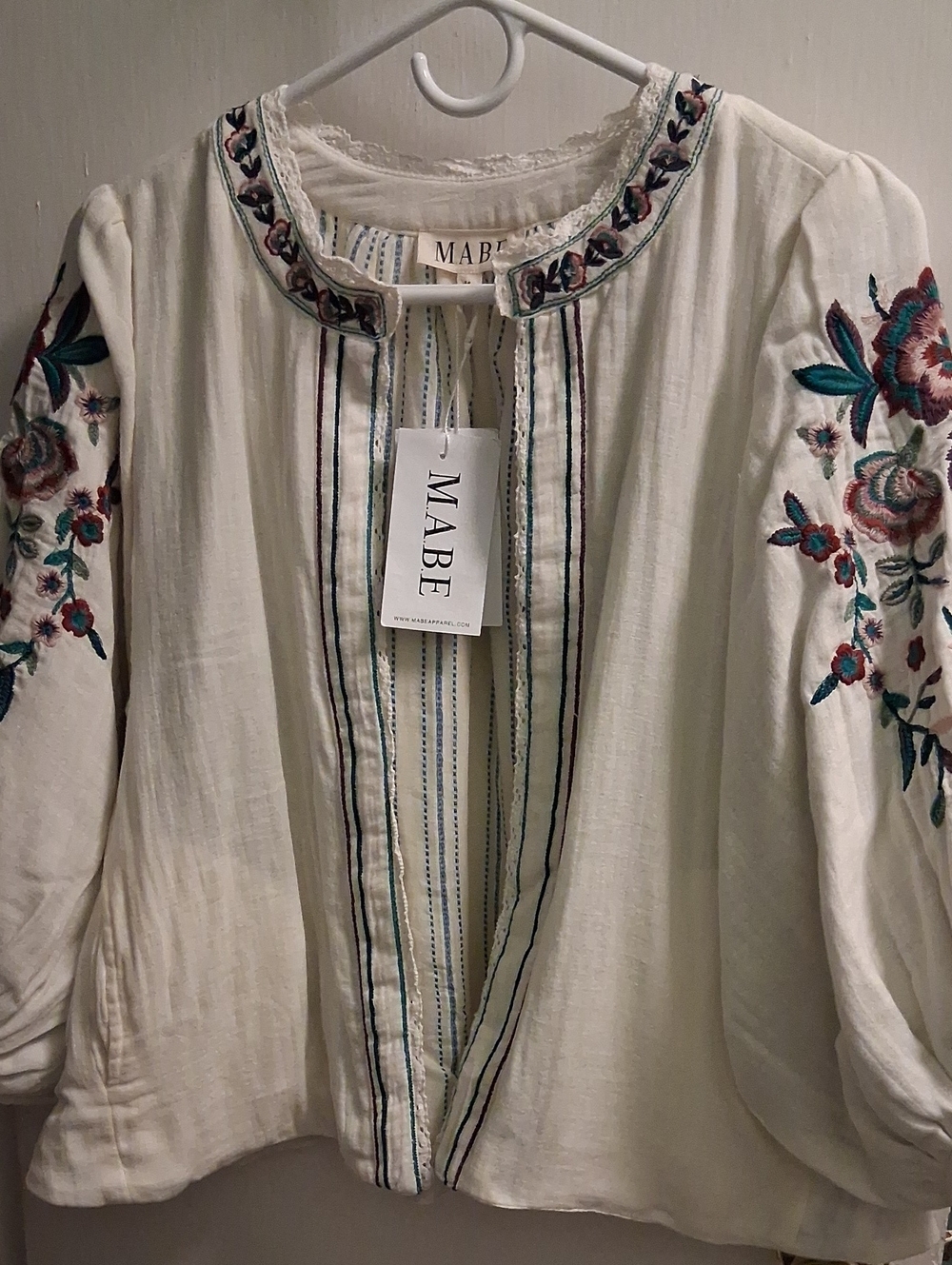 Cream Embroidered Vintage Jacket with Teal & Maroon Floral Detail NWT